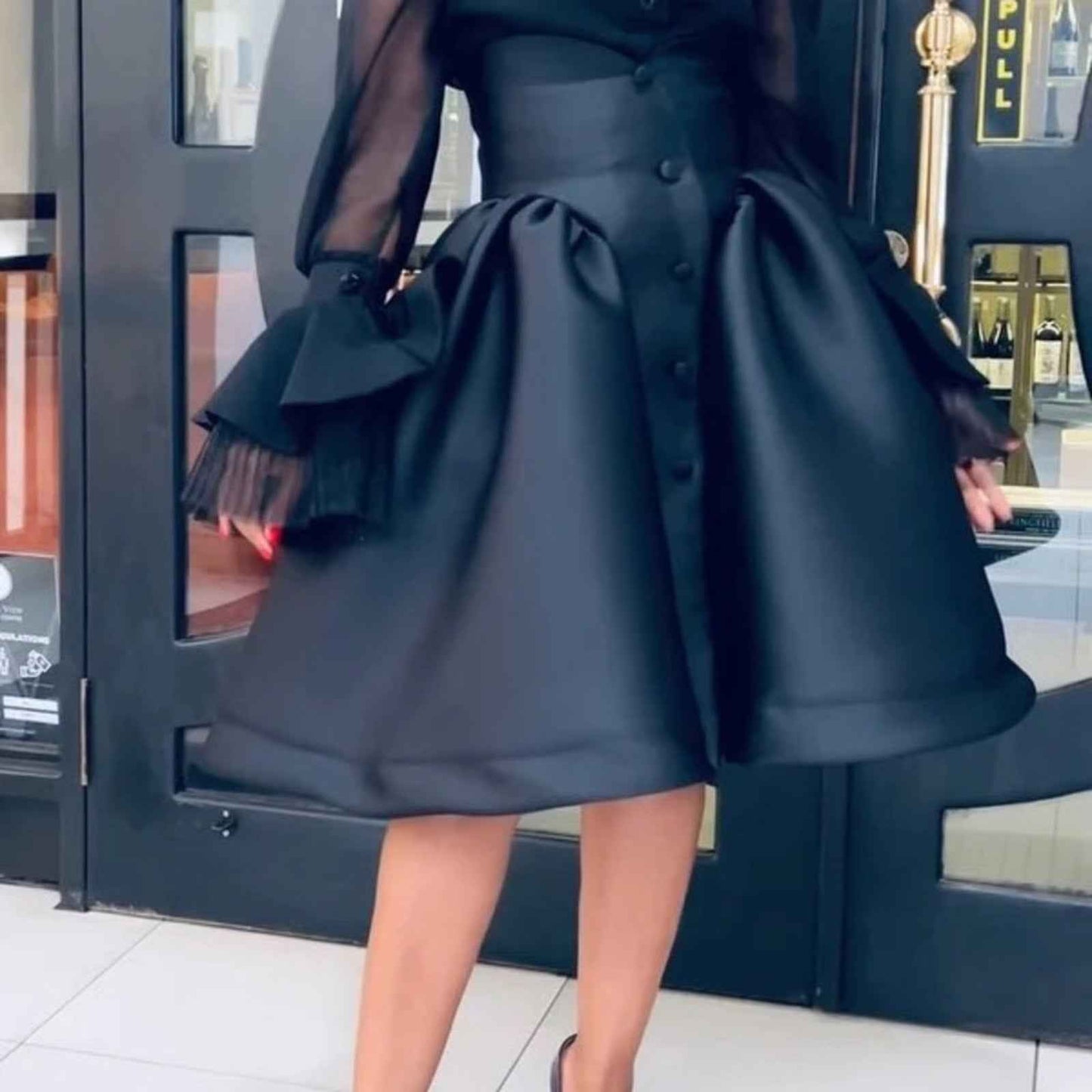Stylish Black Mesh with Sheer Bell Sleeves Blouse Skirt Set