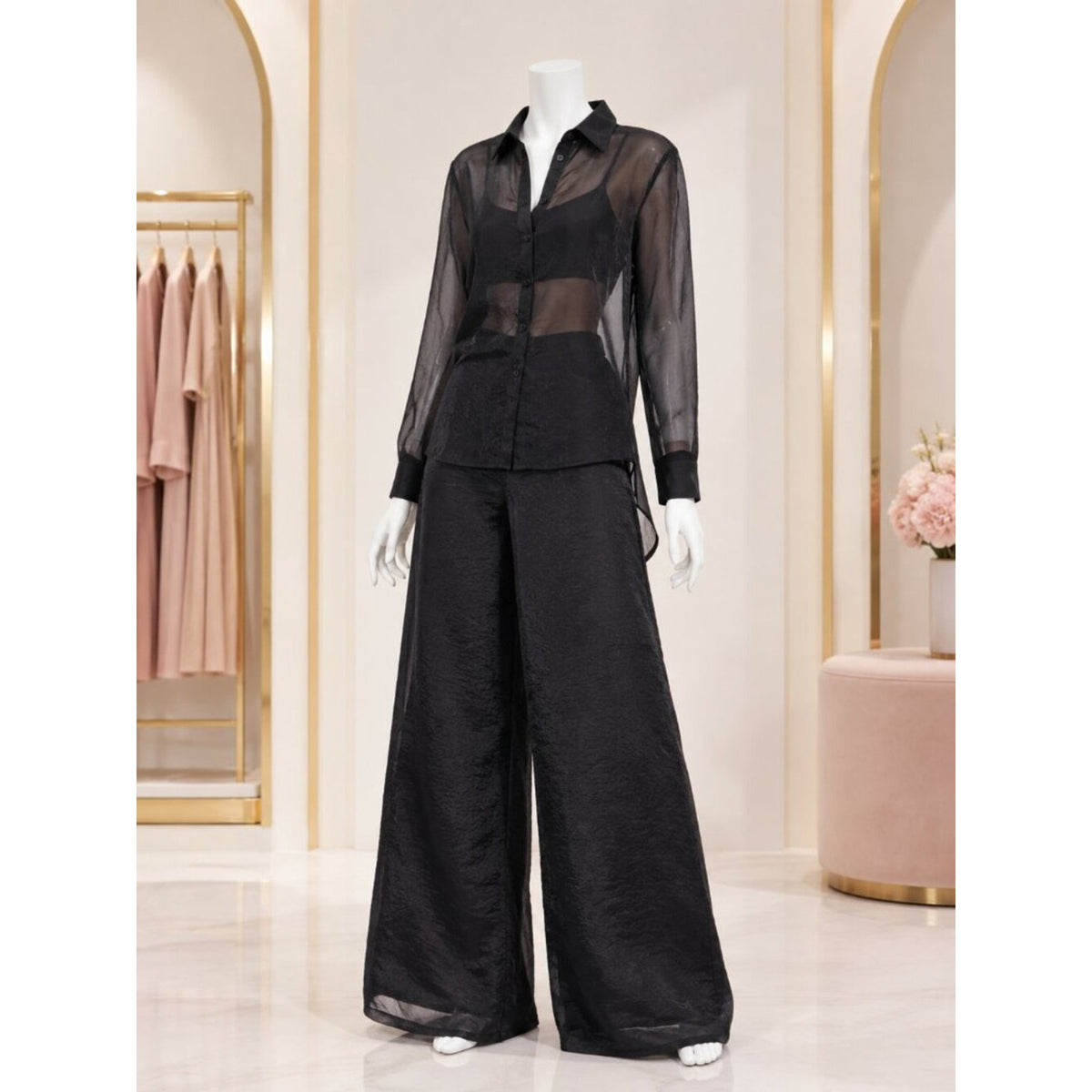Luella Black Sheer Chiffon Button-Up Wide Leg 2 Piece Pant Set
