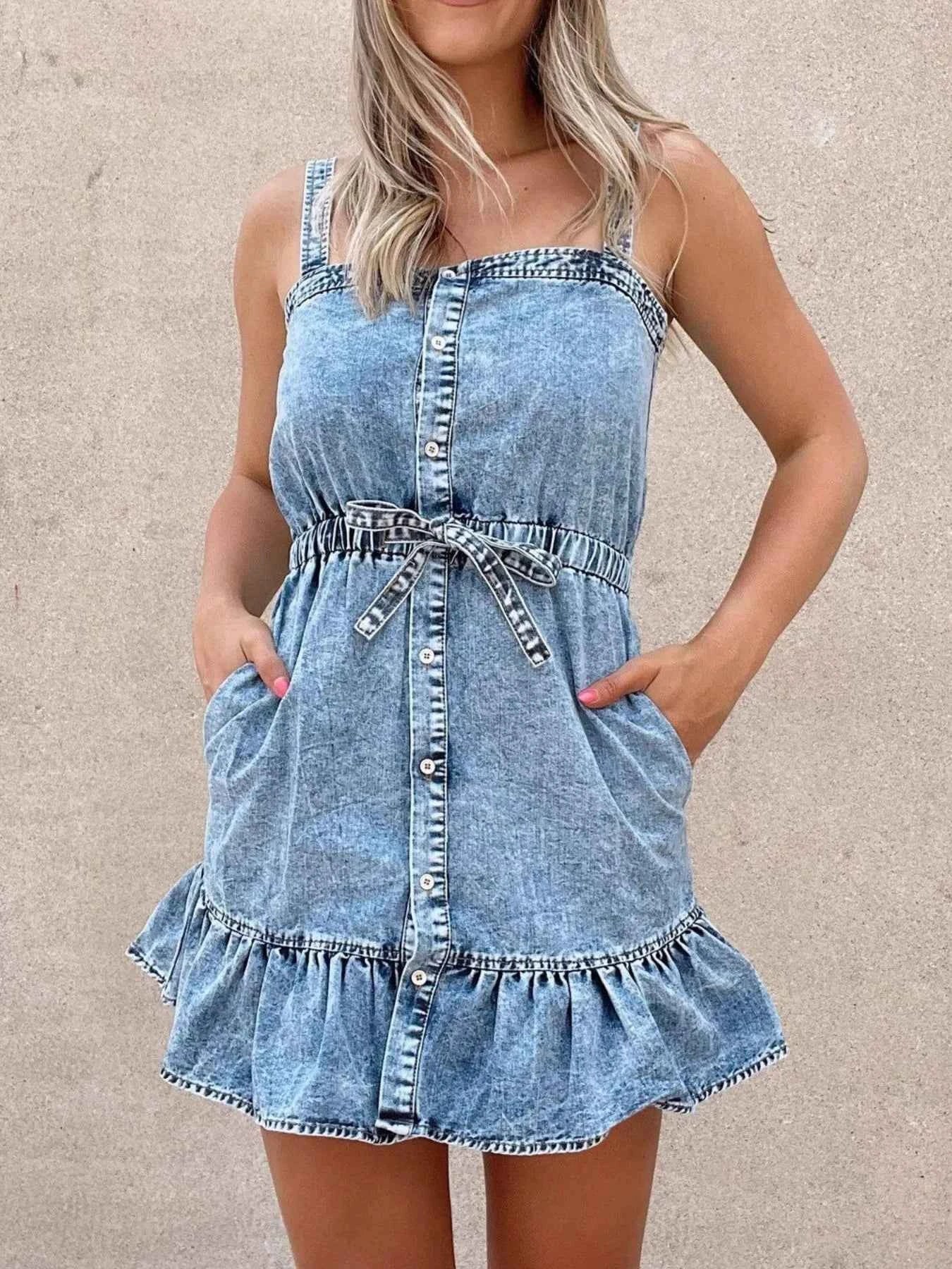 Casual Ruffled Hem Denim Mini Dress with Tie Waist