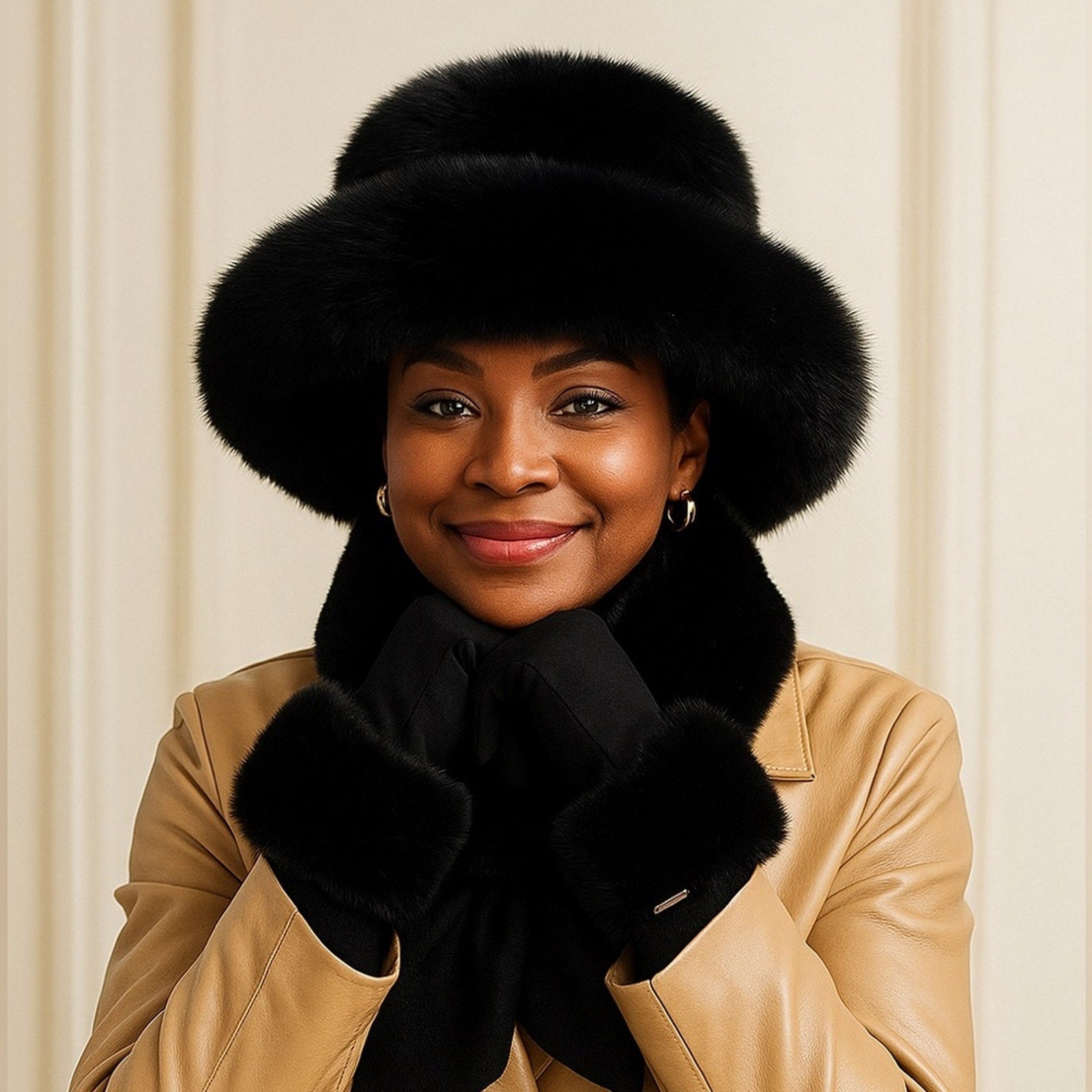 Woman wearing a black fur-trimmed hat, scarf, and gloves with a beige coat against a beige background