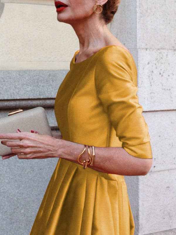 A-Line Loose Pleated Pockets Solid Color Split-Joint Round-Neck Midi Dresses