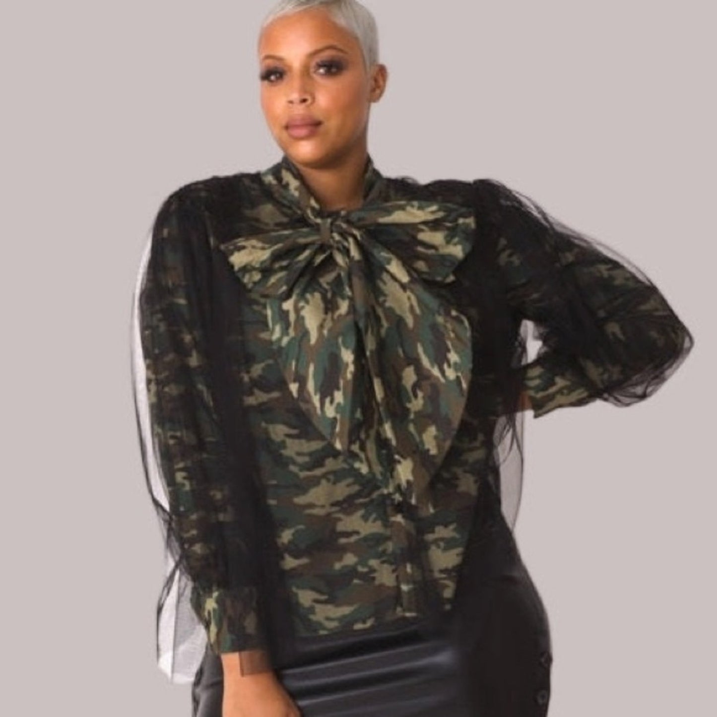 Camouflage Tulle Puff Sleeve Top with Bow Collar