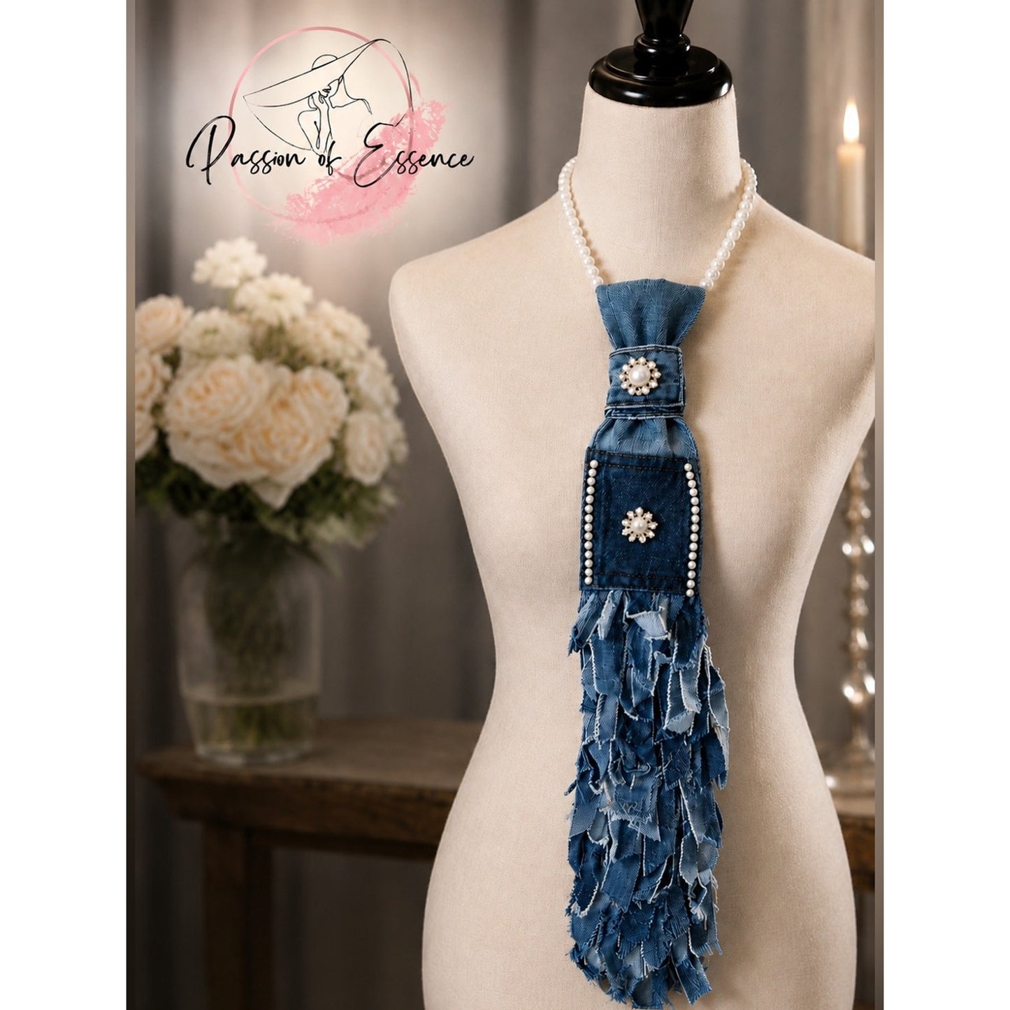 Up cycle Denim Necktie Necklace Faux Pearl Rhinestone Fringe Statement Tie NWT