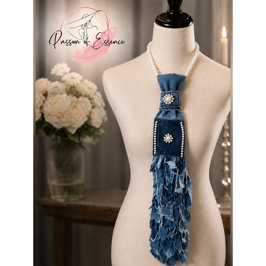 Up cycle Denim Necktie Necklace Faux Pearl Rhinestone Fringe Statement Tie NWT