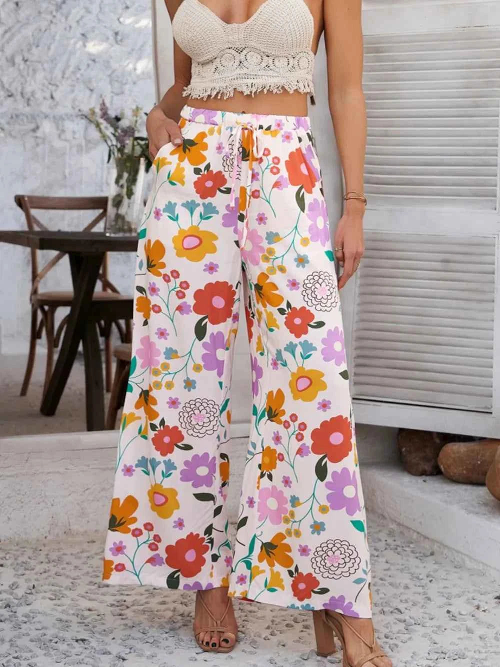 Devine Drawstring Printed Wide Leg Pants
