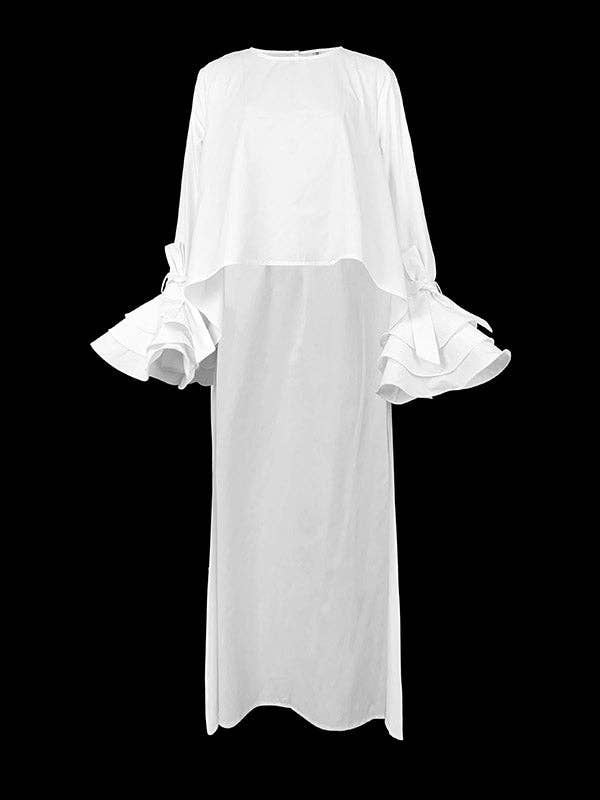 White dress with ruffled sleeves on a black background