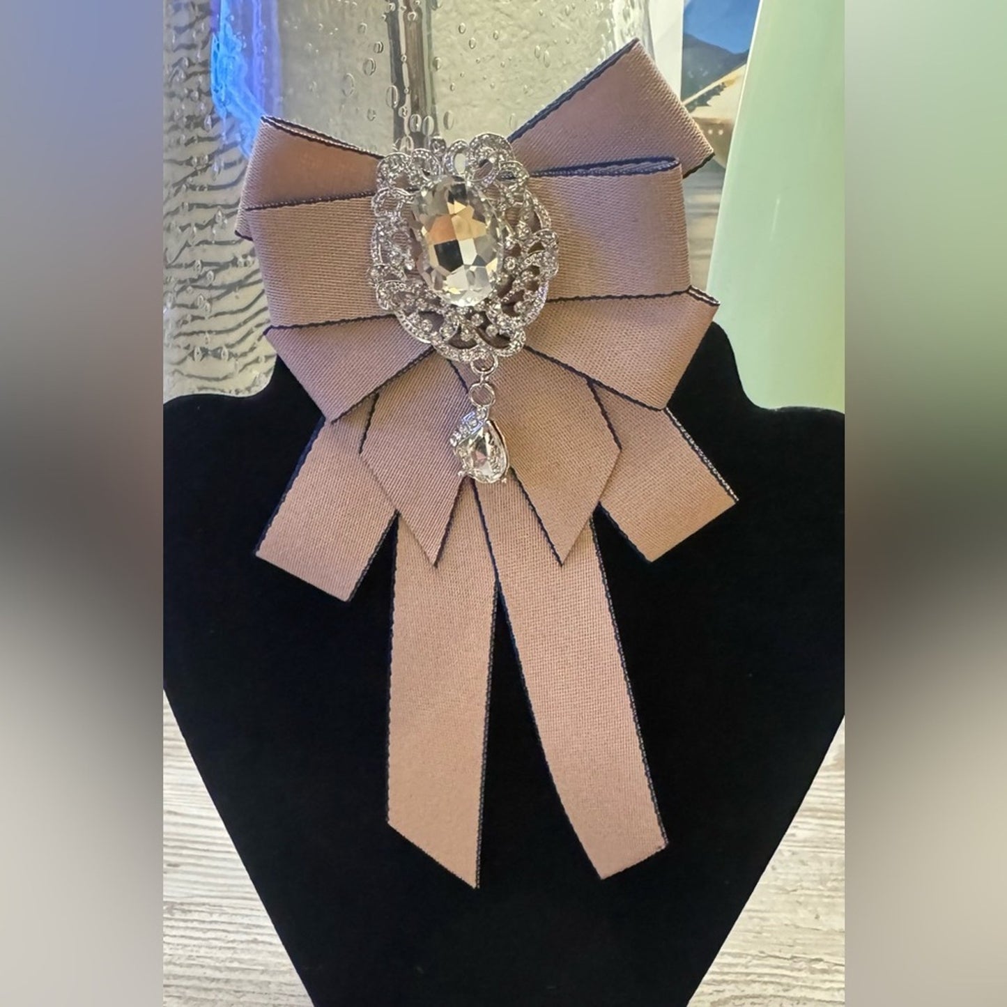 Apricot Rhinestone Bow Tie Brooch Elegant Ribbon Statement Collar Accessory