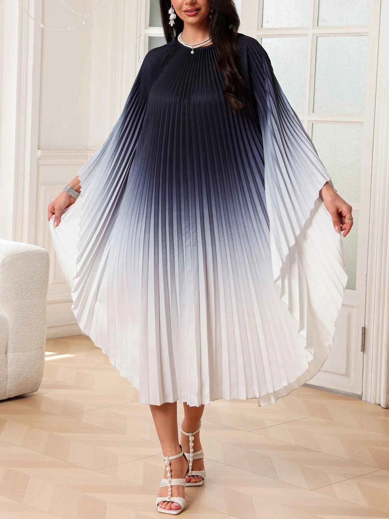 Gradient Pleated Cape Dress