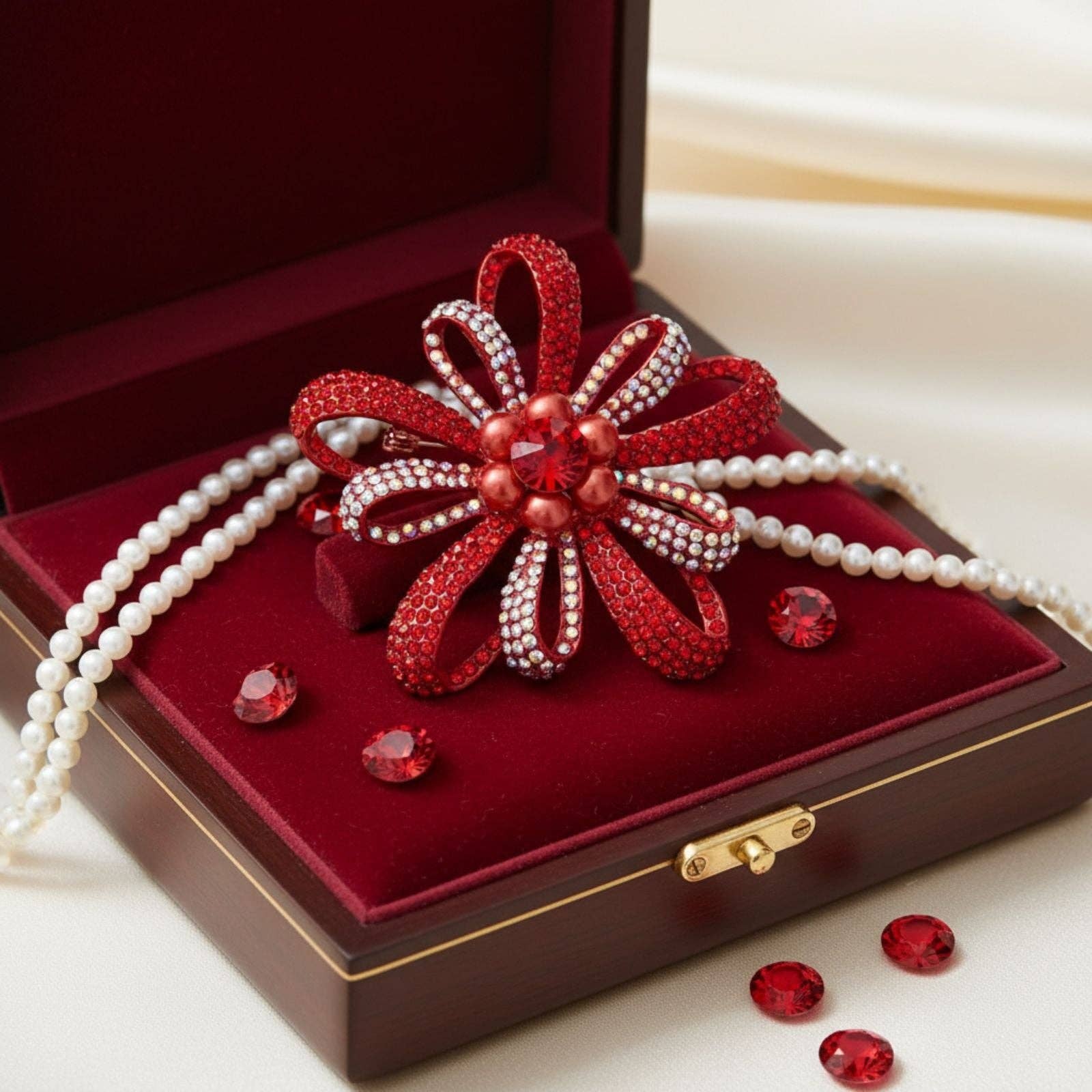 Red decorative flower with pearls and red gemstones on a red velvet box.