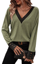 Load image into Gallery viewer, Moss Green Contrast V Neck Button Decor Long Sleeve Top

