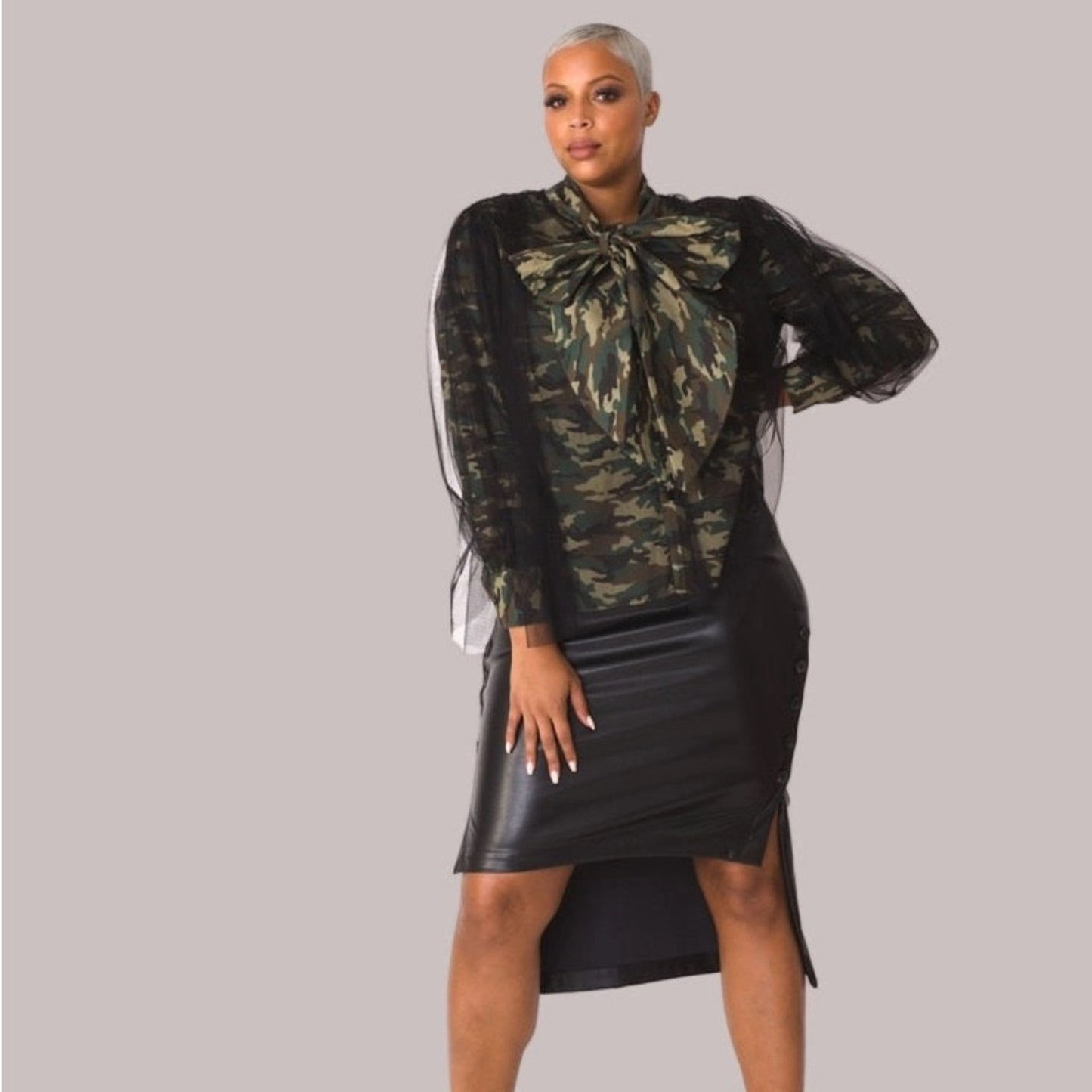 Camouflage Tulle Puff Sleeve Top with Bow Collar