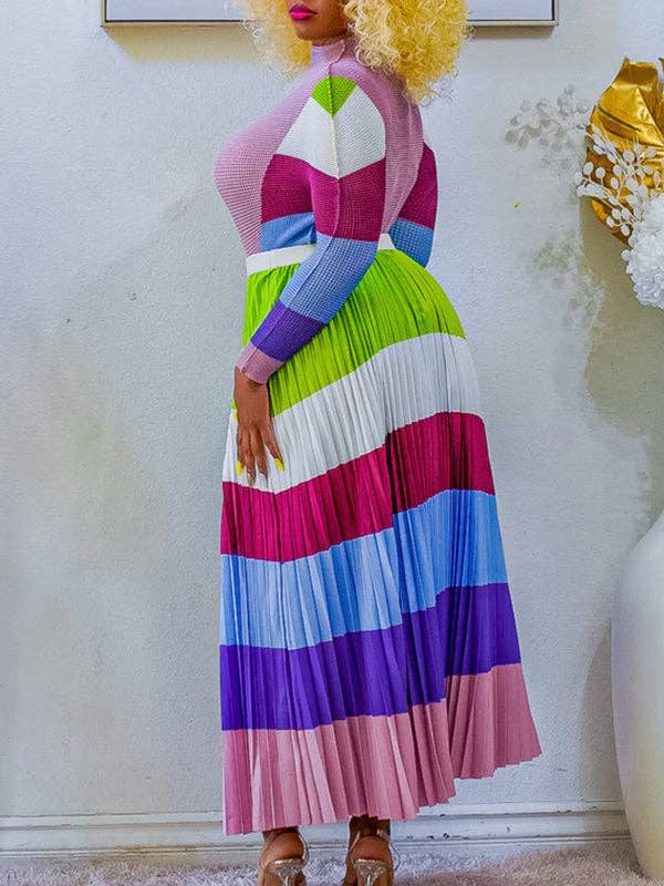 Plus Size Two-Piece Set - Printed Mock Neck Long Sleeve Top & Pleated Skirt