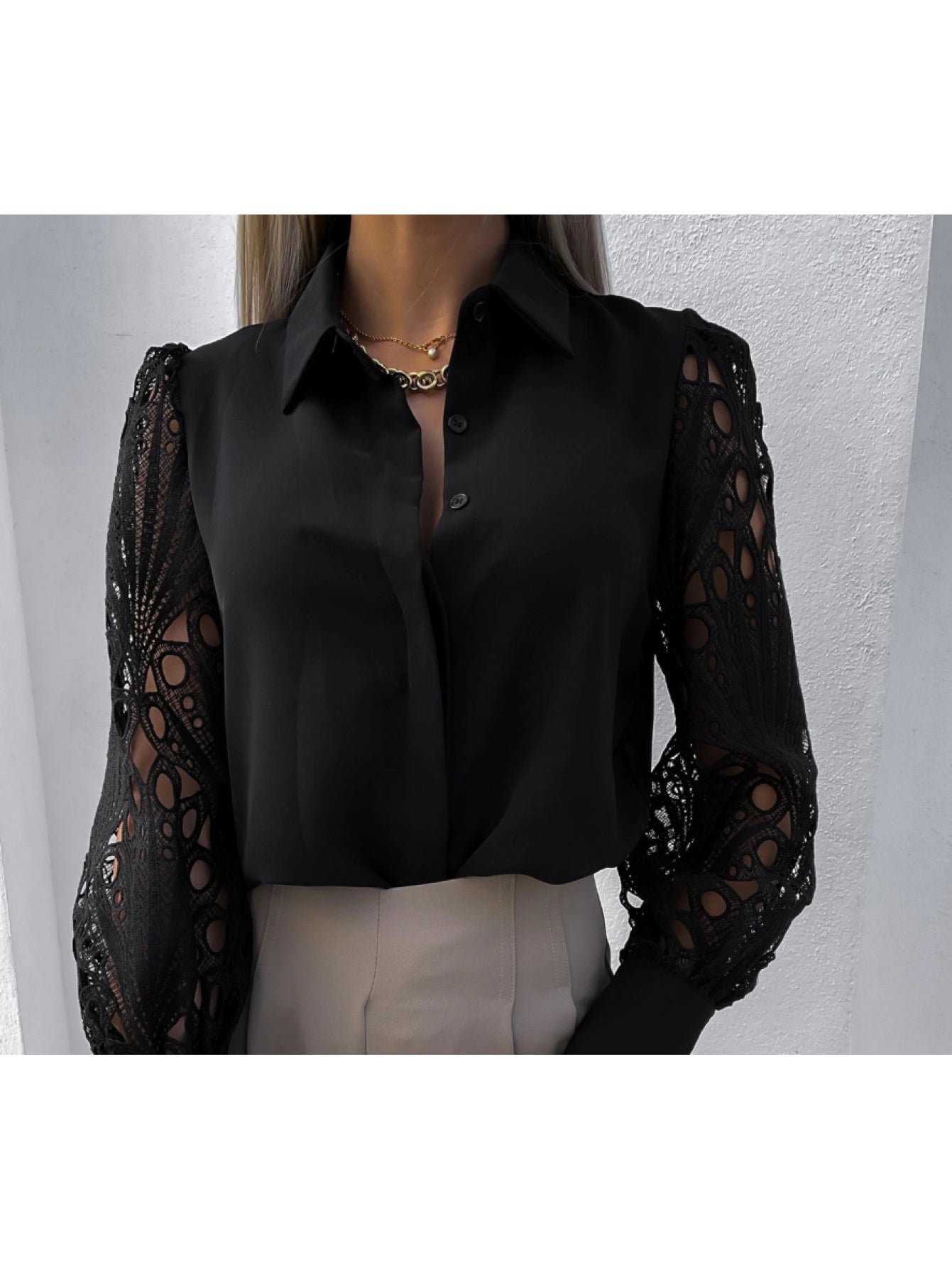Elegant Lace Sleeve Blouse | Black Semi-Sheer Long Sleeve