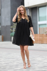 Swiss Dot Babydoll V Neck Dress