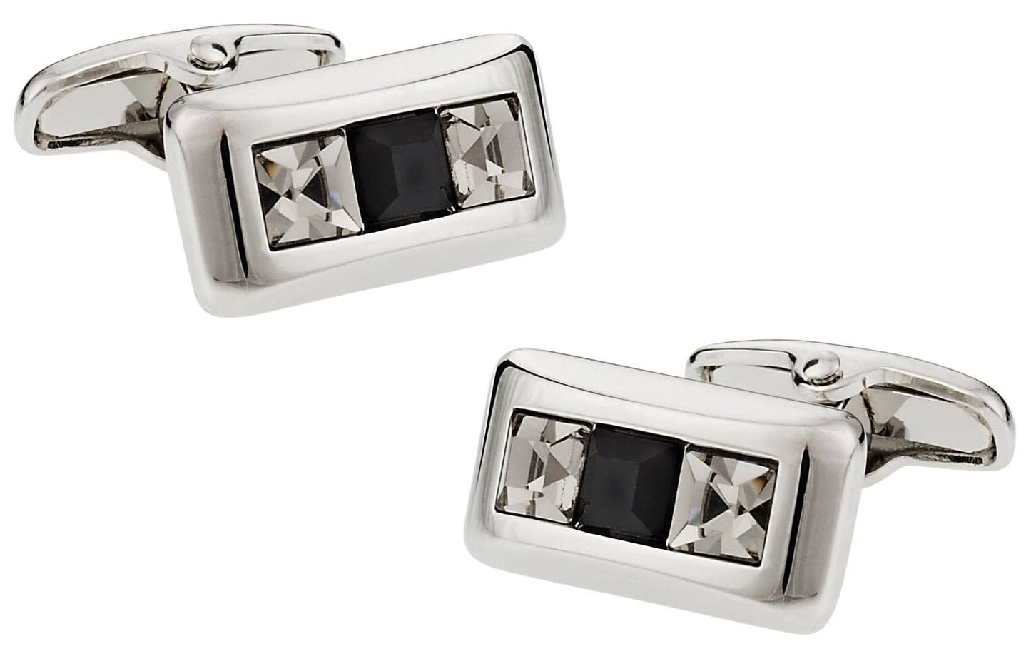 Pair of silver cufflinks with black and clear gemstones on a white background