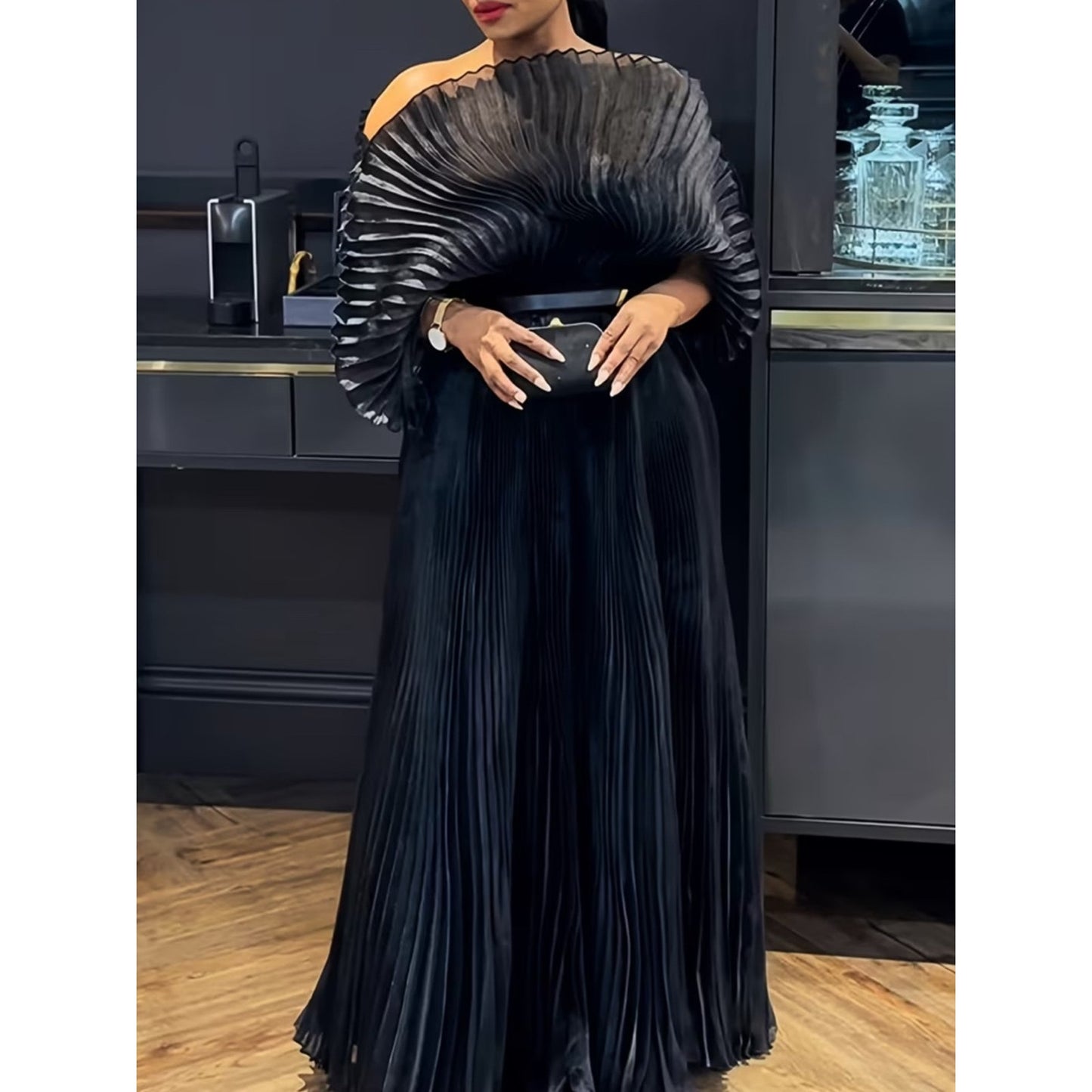 Black Pleated Batwing Sleeve Maxi Dress | Elegant Off-Shoulder Statement Gown |
