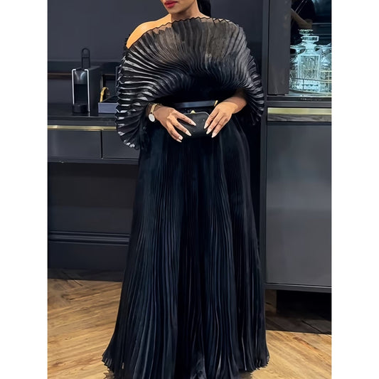 Black Pleated Batwing Sleeve Maxi Dress | Elegant Off-Shoulder Statement Gown