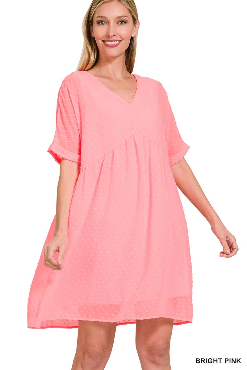 Swiss Dot Babydoll V Neck Dress