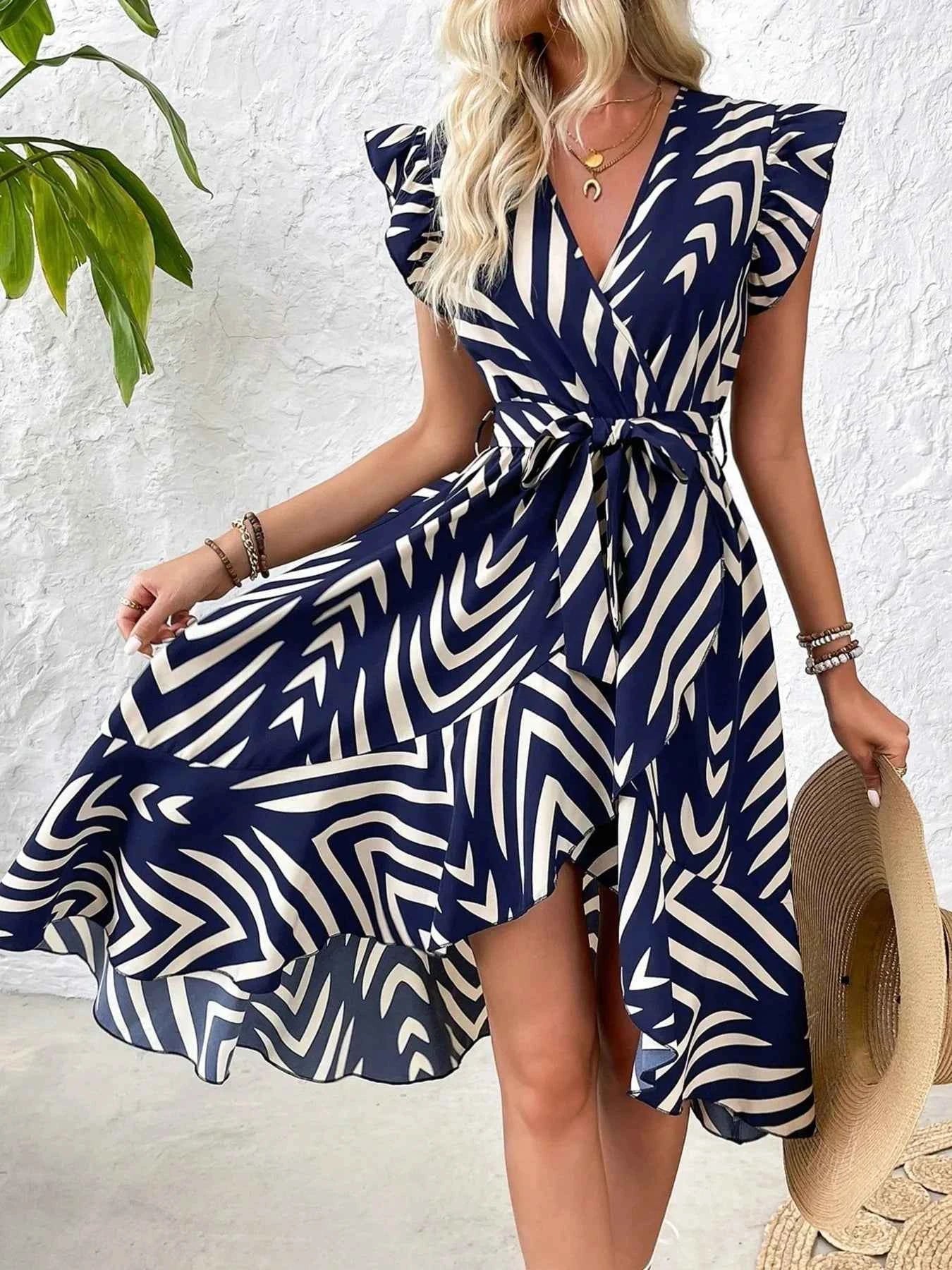Geometric Print Surplice Flutter Sleeve Dress