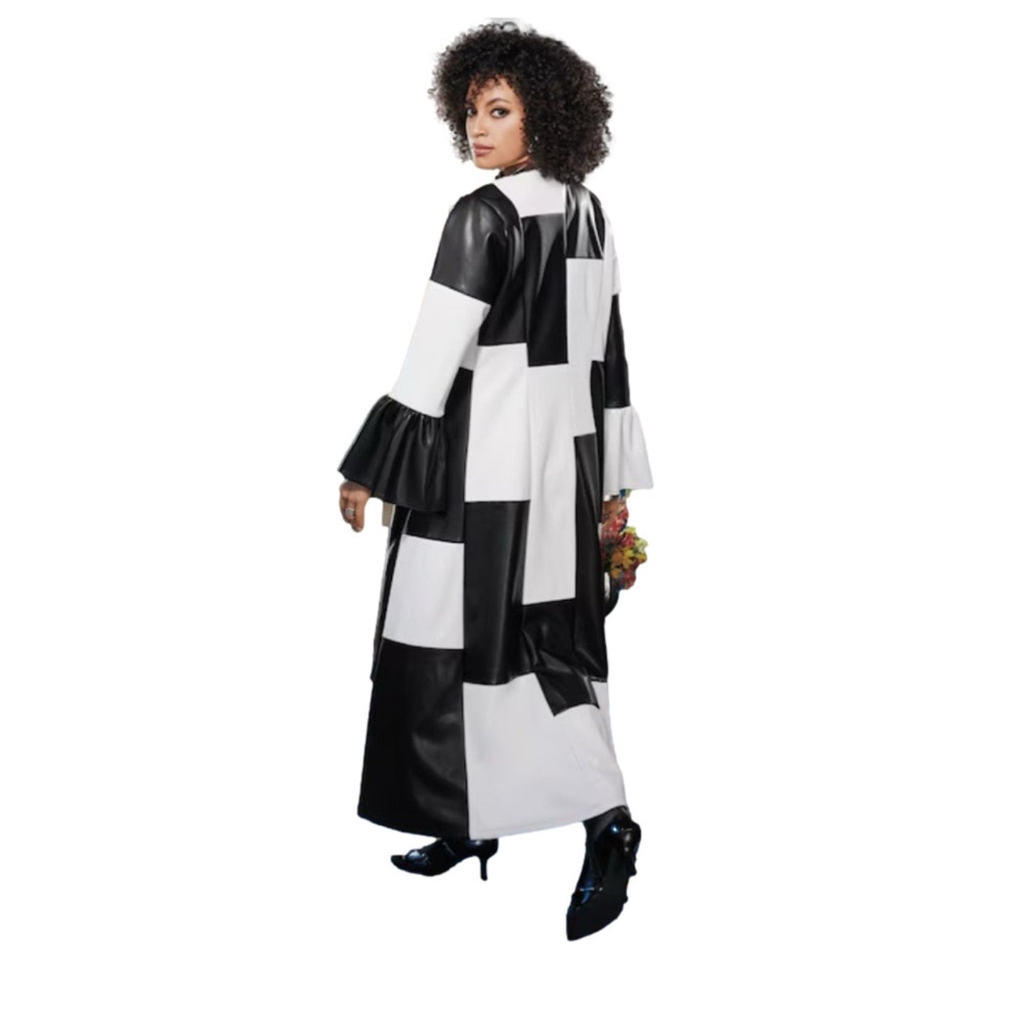 Monochrome Power: Faux Leather Colorblock Zip-Up Maxi Dress – Size 10