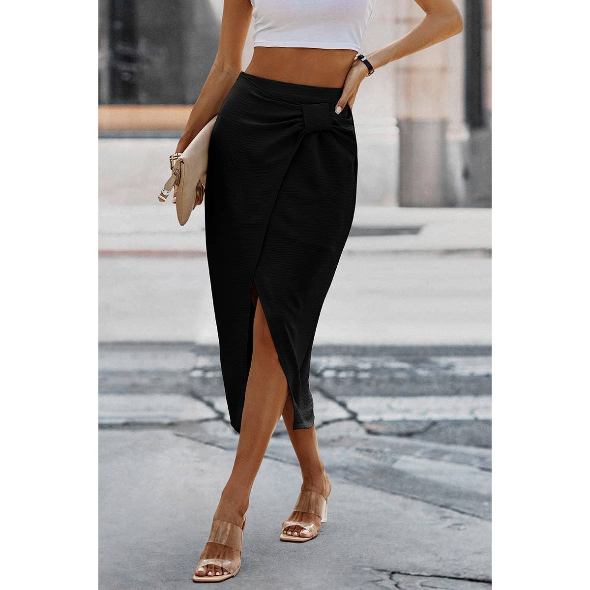 Solid Twist Wrap Assassin Fit Skirt | Polyester Casual Skirt