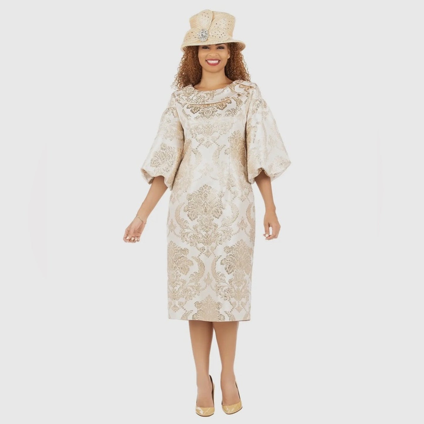 Giovanna Champagne Midi Dress with 3/4 Bishop Sleeves and Bateau Neckline