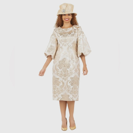 Giovanna Champagne Midi Dress with 3/4 Bishop Sleeves and Bateau Neckline