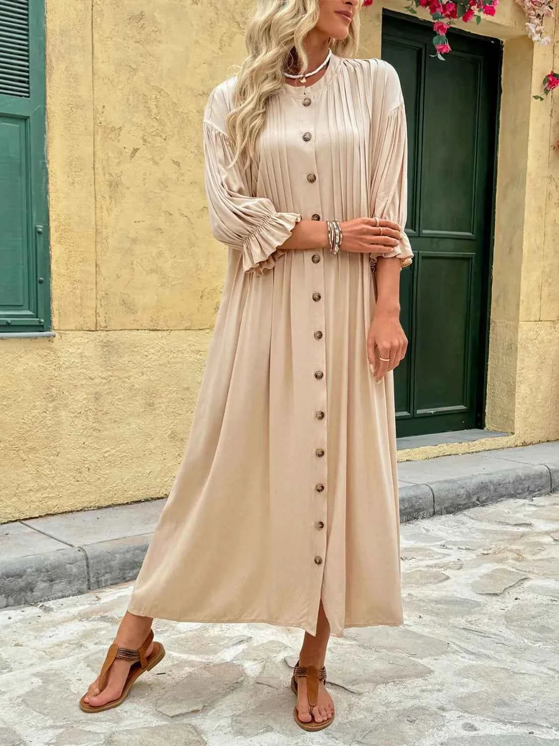 Button Front Flounce Sleeve Dress