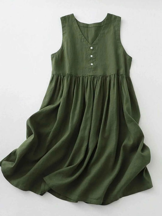 V-Neck Button Detail Sleeveless Midi Dress