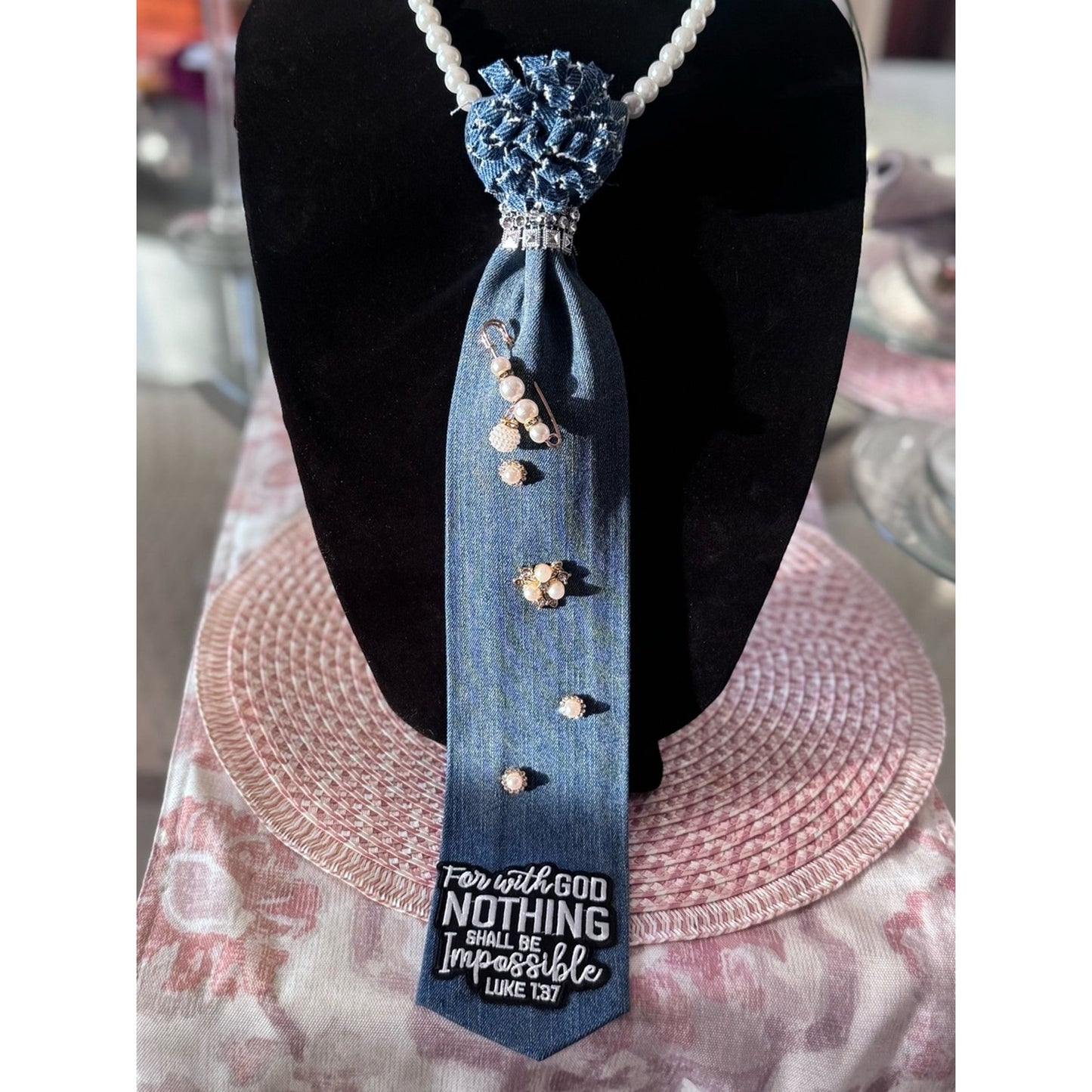 Faith & Pearls Denim Statement Necktie Necklace – Luke 1:37 Inspiration Piece