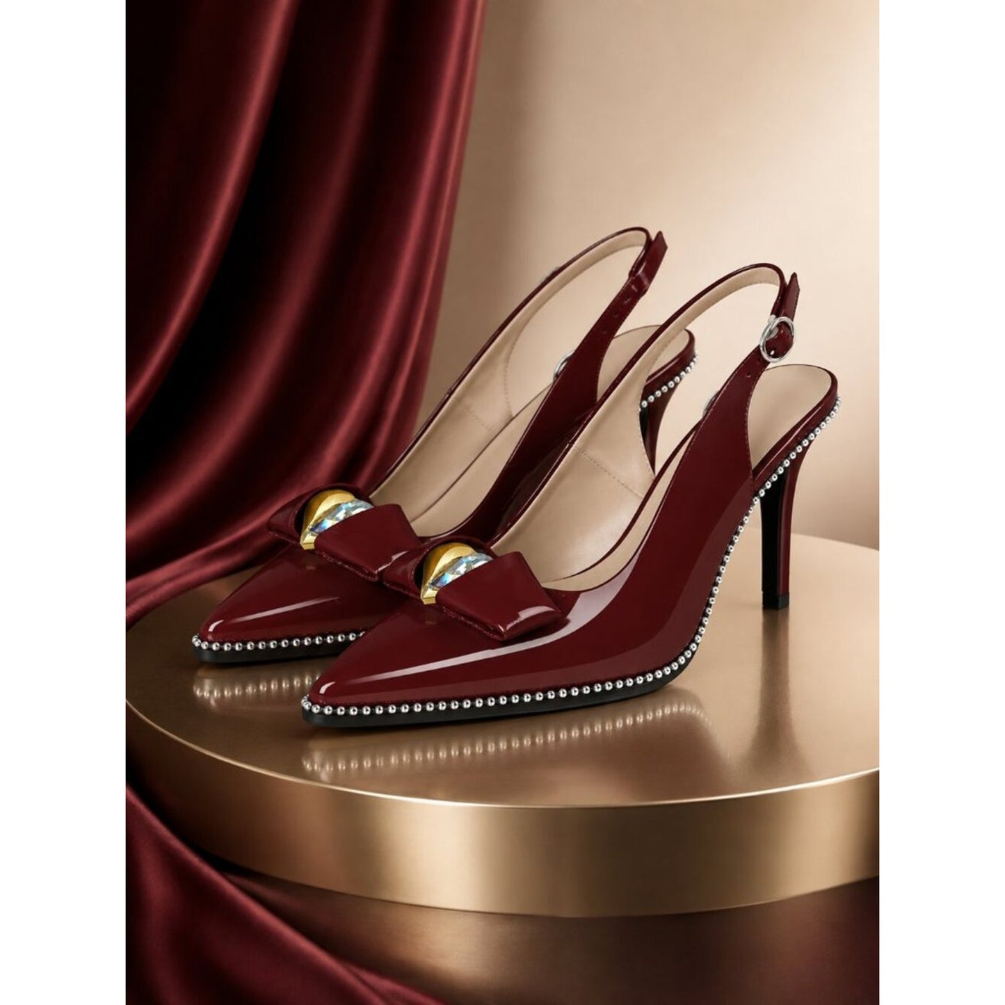 Patent Black Slingback Stiletto Pumps | Pointed Toe Jewel Heel