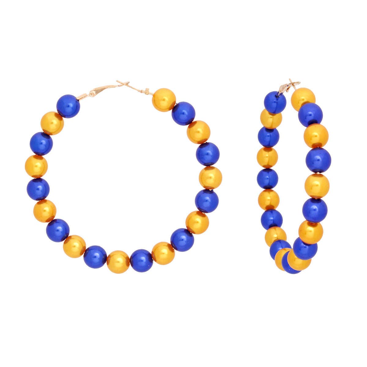 Necklace and hoop earrings with blue and yellow beads on a white background