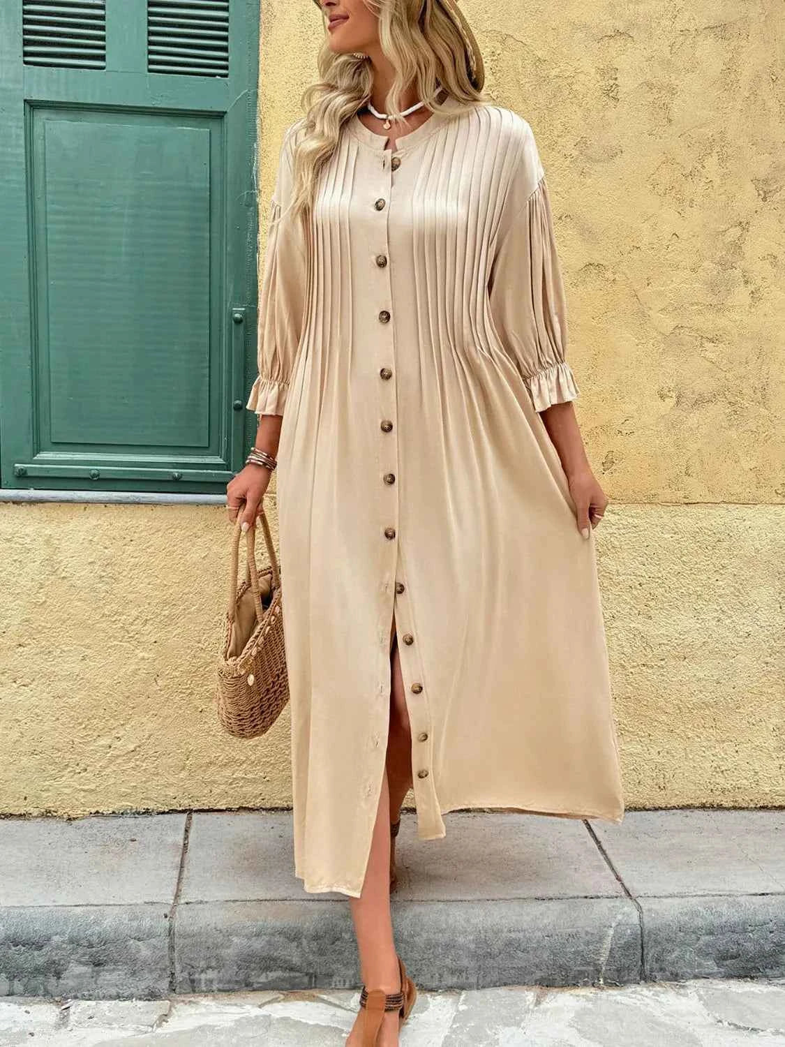 Button Front Flounce Sleeve Dress