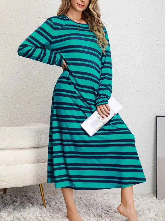 Plus Size Striped Round Neck Long Sleeve Tee Dress