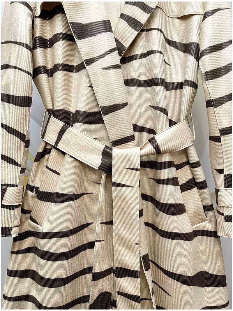 CT184Y Elegant Printed Belted Lapel Trench Coat for Women