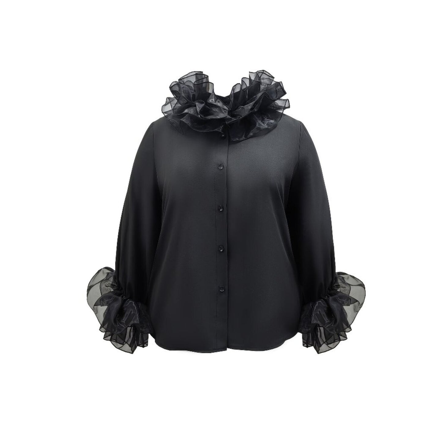 Black blouse with sheer ruffled sleeves and collar on a white background