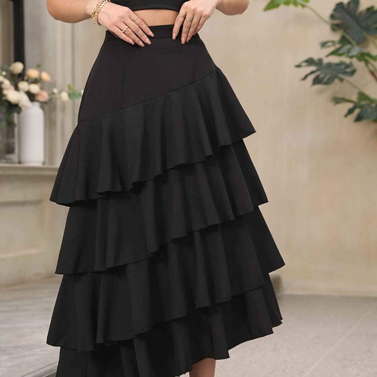 Elegant Ruffle Hem Tiered Skirt - High Waist Perfect for Womens Curvy Figure