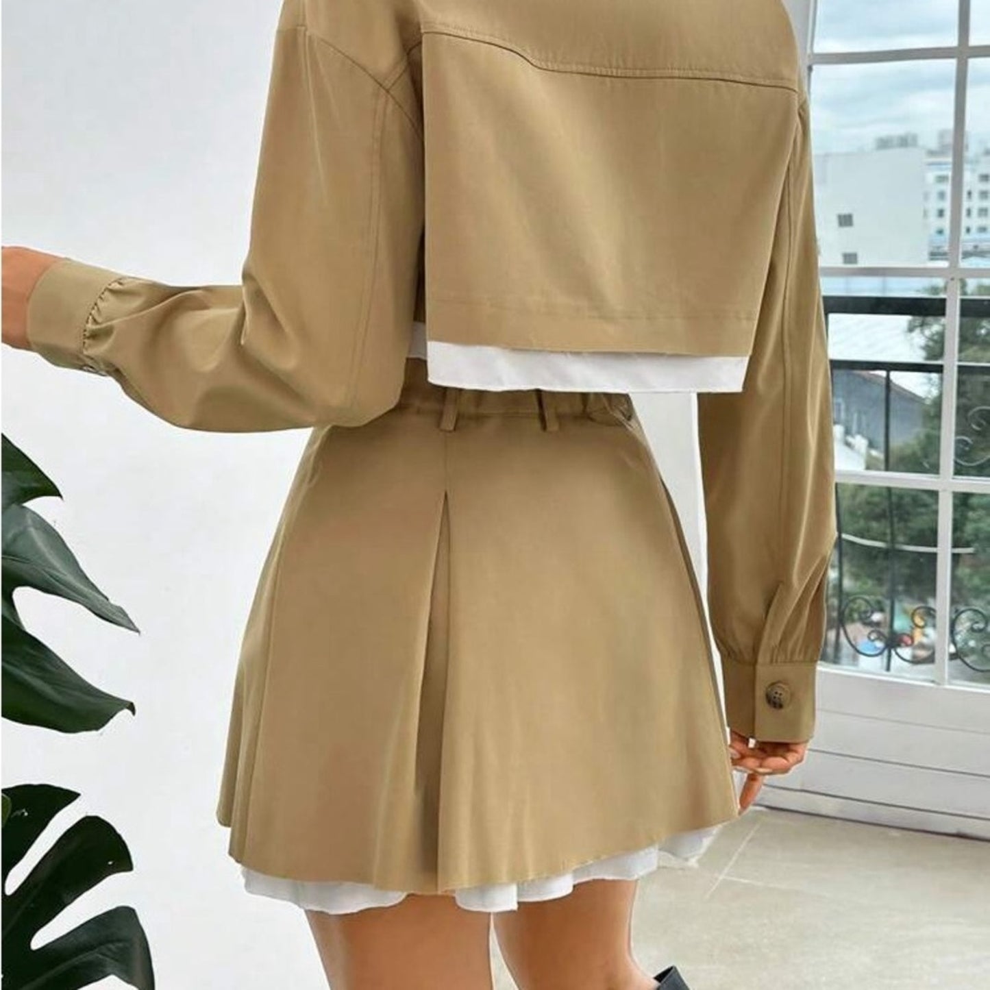 Cropped Khaki Jacket and Pleated Skirt Set - Khaki with White Trim