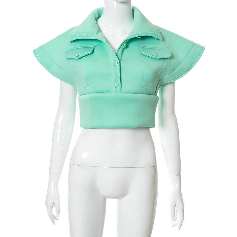 MB FASHION Cropped High Collar Button-Up Top 452R