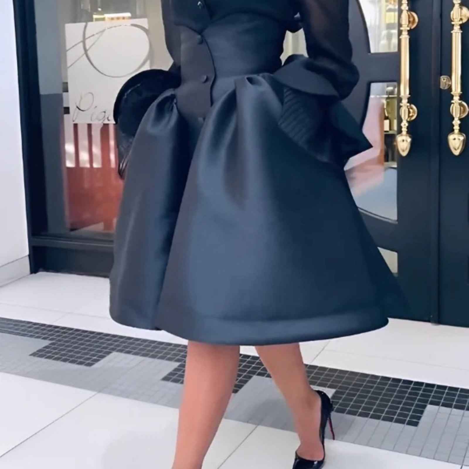 Stylish Black Mesh with Sheer Bell Sleeves Blouse Skirt Set