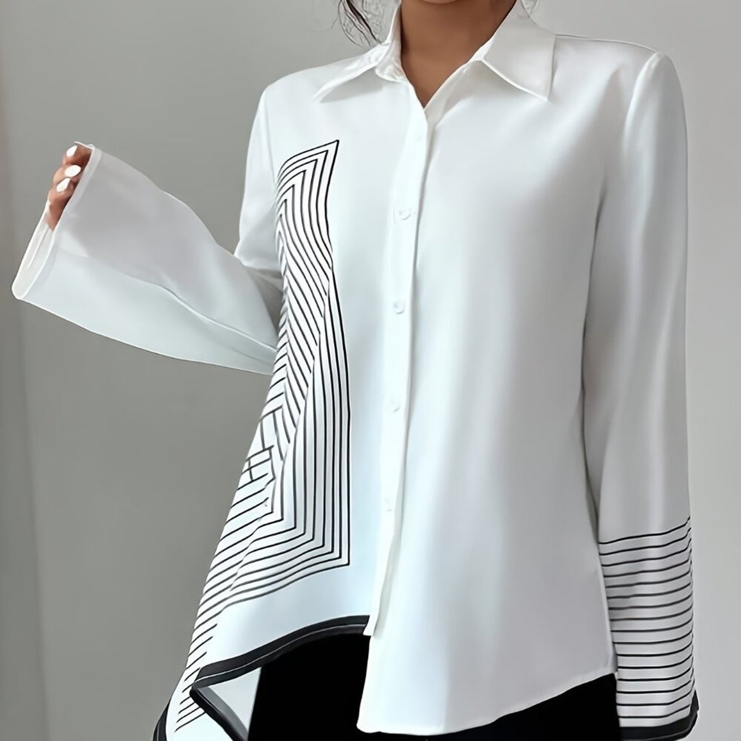 Plus Size White Geometric Asymmetrical Button Blouse | Elegant Statement Shirt T