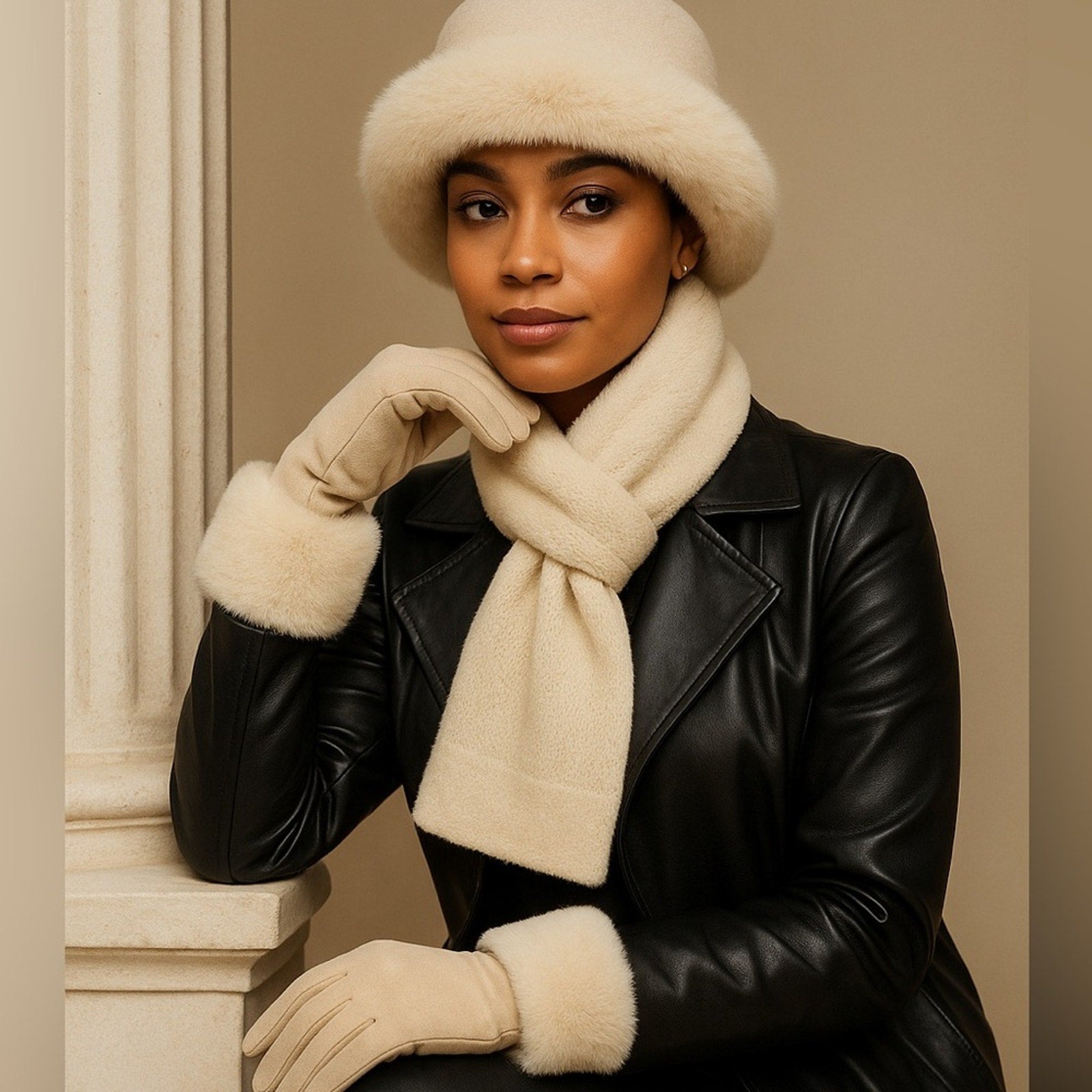 Woman wearing a black leather jacket, cream fur hat, scarf, and gloves against a beige background
