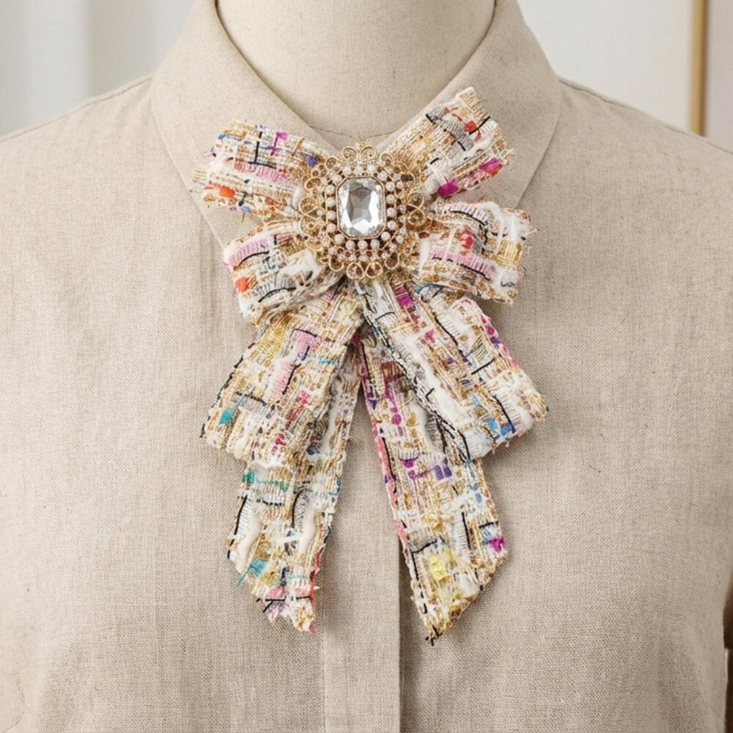 Confetti Tweed Bow Jewel Brooch