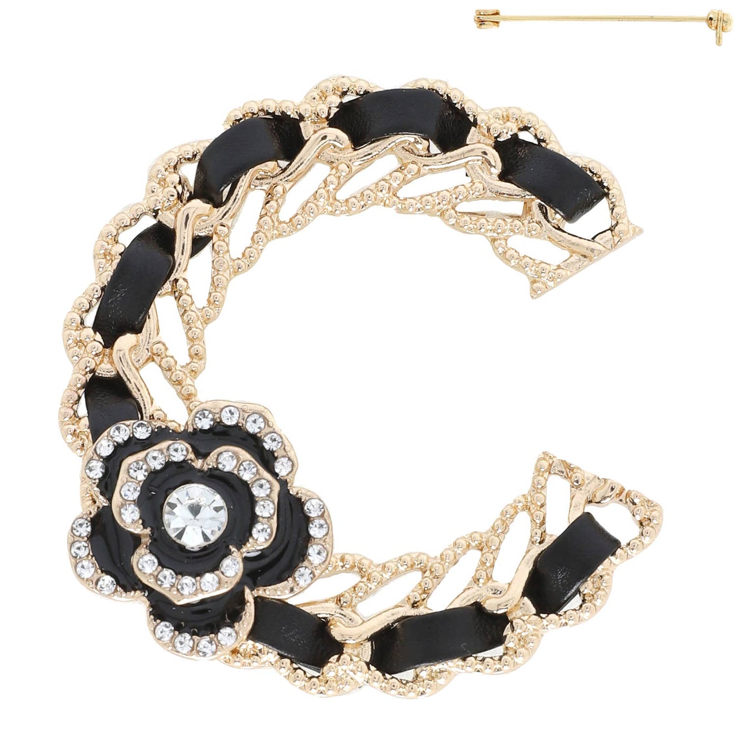 Woven Chain Letter "C" Brooch Pin w/ Floral Accent