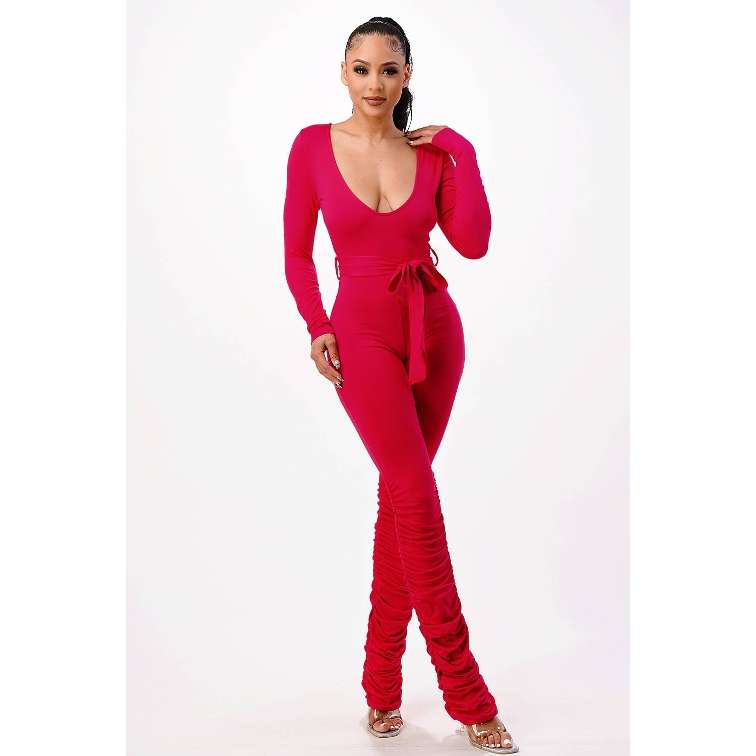 Ruched V-Neck Jumpsuit with Tie Waist