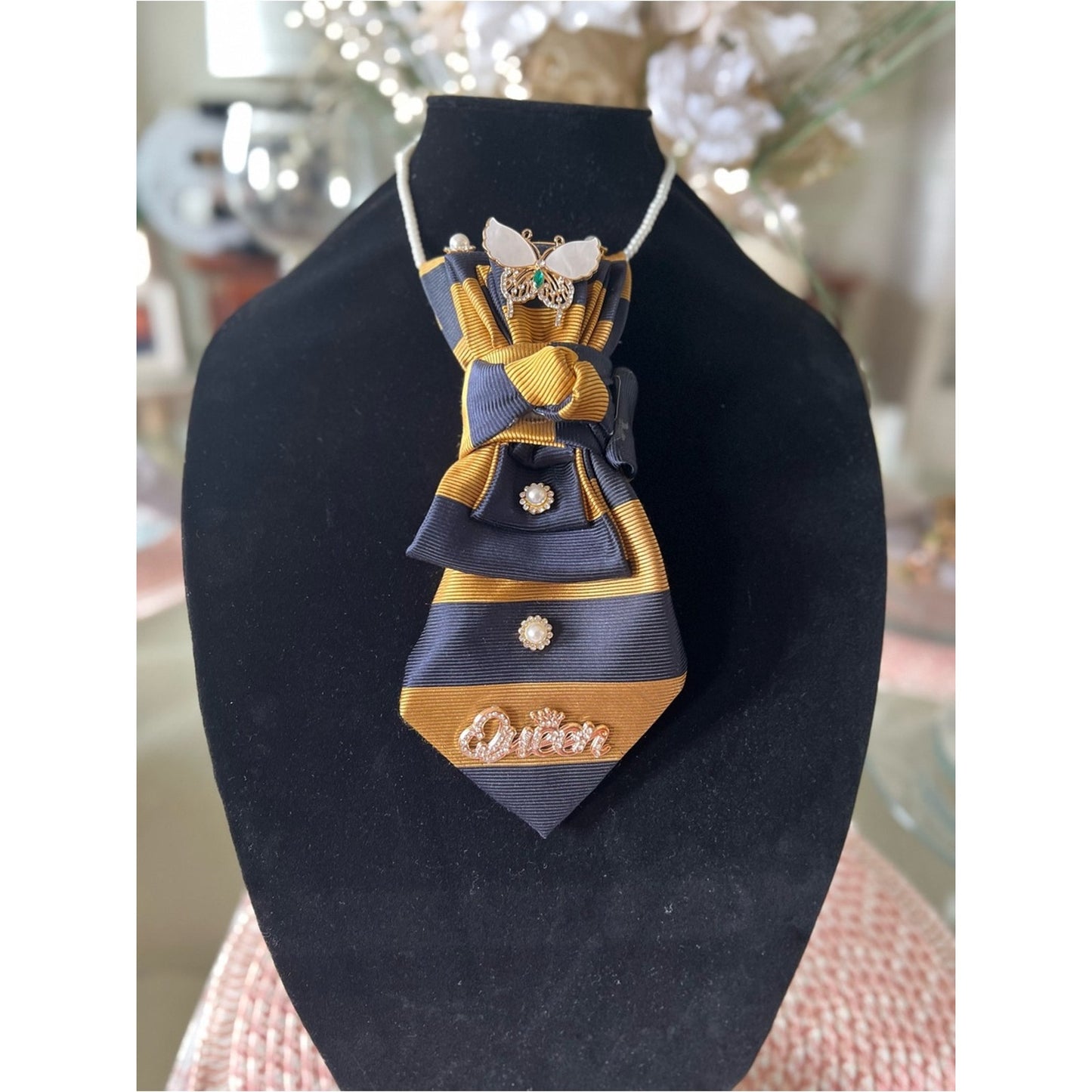 Queen Bee Statement Tie Necklace – Navy & Gold Satin with Bee Brooch