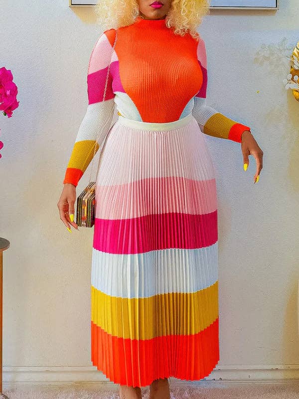 Plus Size Two-Piece Set - Printed Mock Neck Long Sleeve Top & Pleated Skirt
