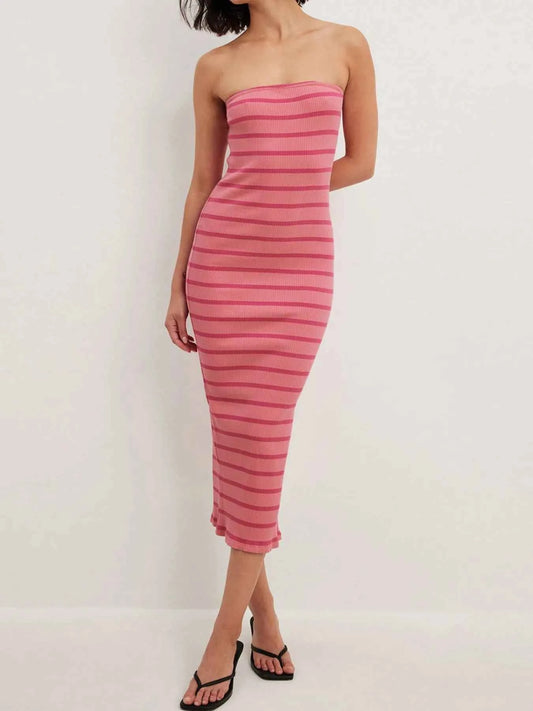 Slit Back Striped Strapless Bodycon Midi Dress