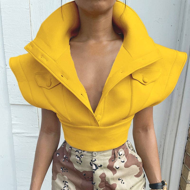 MB FASHION Cropped High Collar Button-Up Top 452R