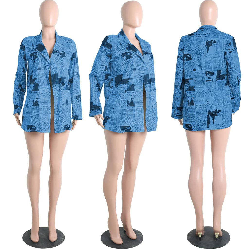 MB FASHION Newspaper Print Long-Sleeve Button-Up Blazer 3175